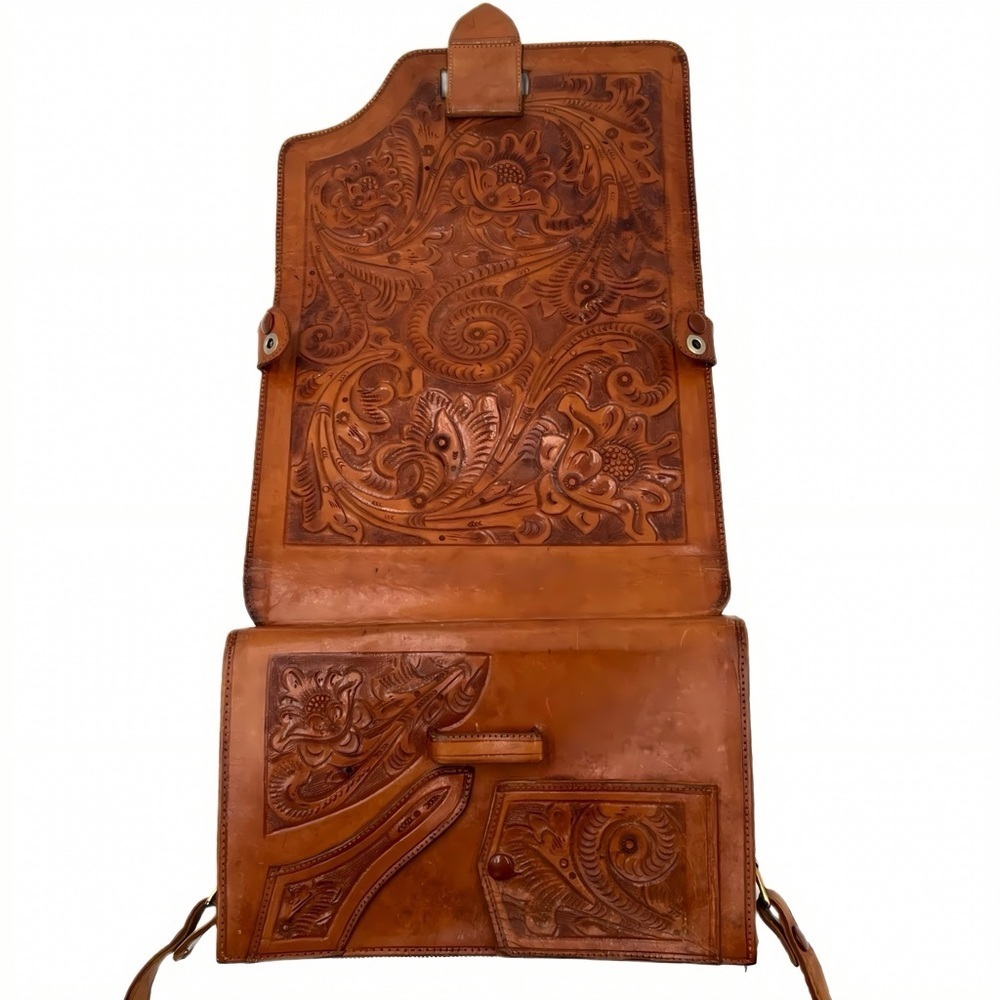 Vintage Mexican Tooled Leather Organizer Crossbody Boho Western Floral Purse Bag - Picture 5 of 13